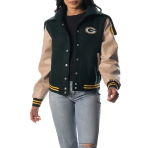 Green bay packers womens sailor full snap hooded varsity jacket green white 1