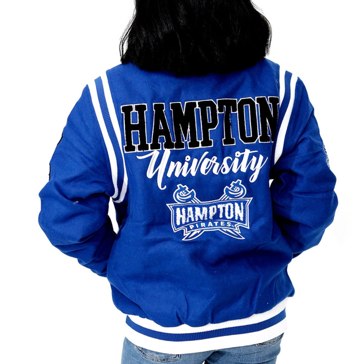 Hampton pirates collegiate luxe wool bomber jacket
