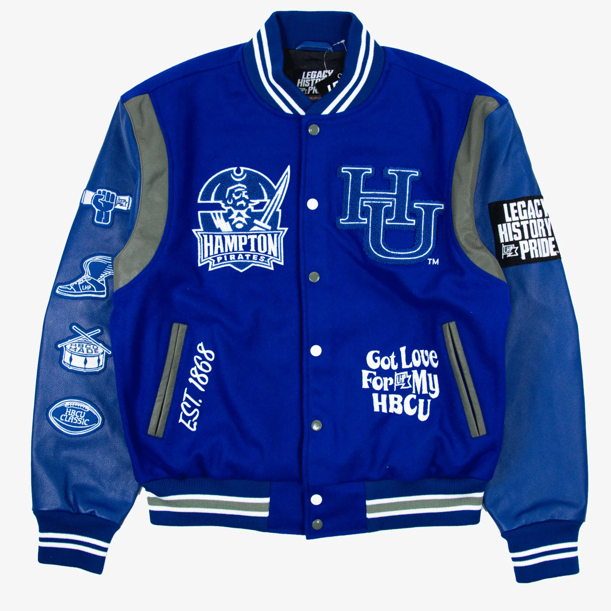 Hampton pirates legacy history pride motto 30 royal blue wool leather varsity jacket