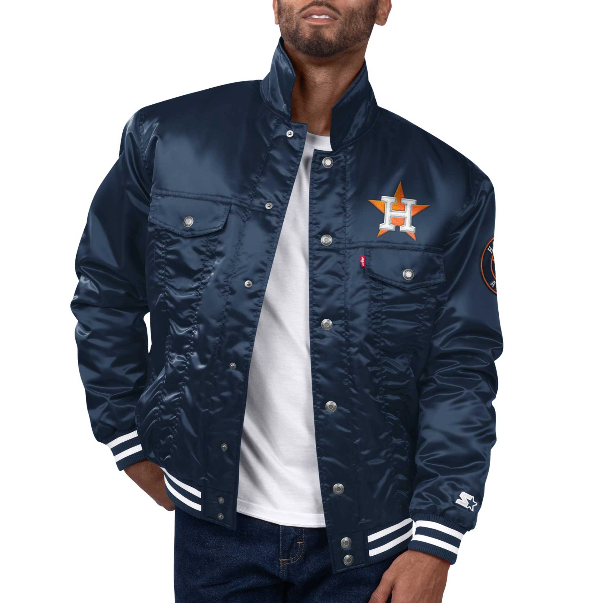 Houston astros full satin varsity trucker jacket navy 1