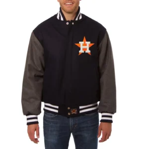 Houston astros two tone handcrafted logo wool varsity jacket navy gray 1