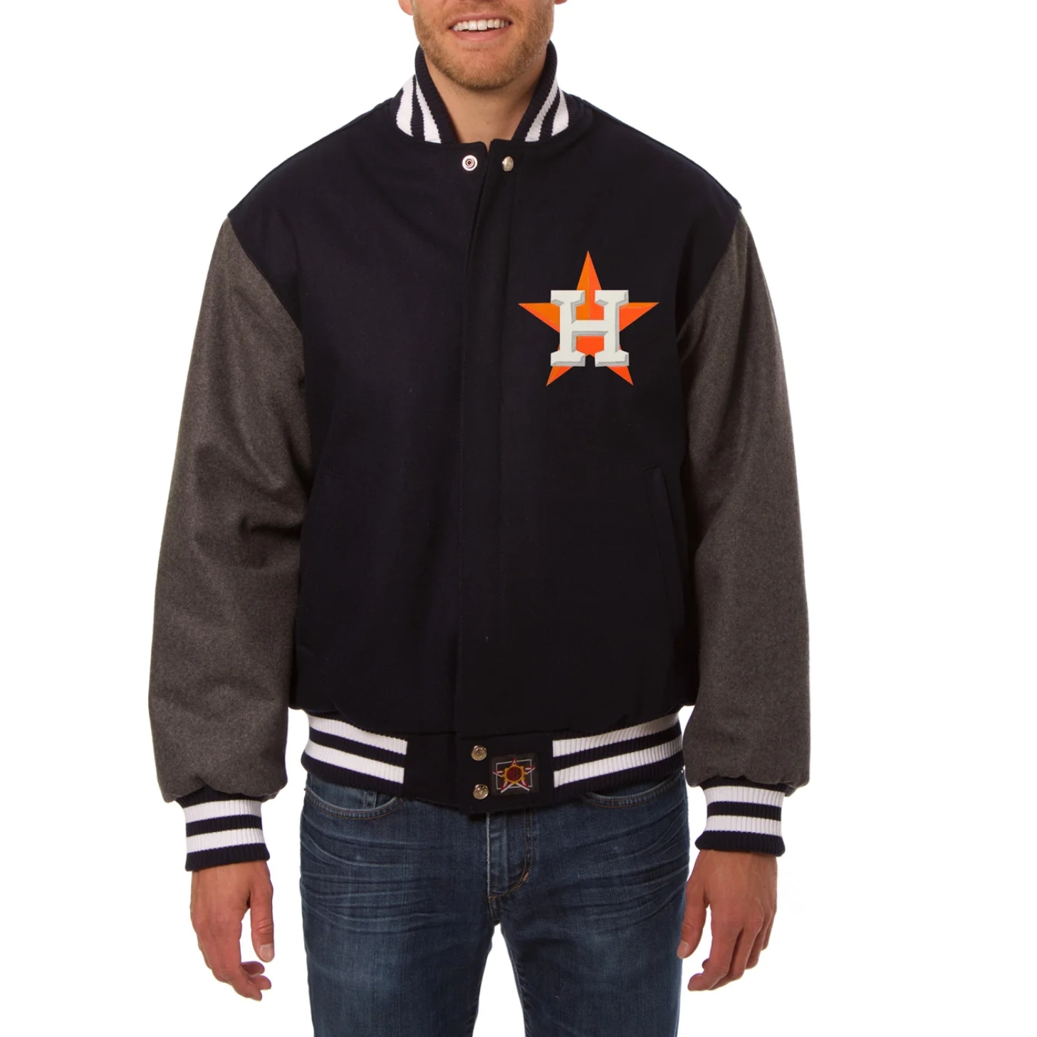 Houston astros two tone handcrafted logo wool varsity jacket navy gray 1