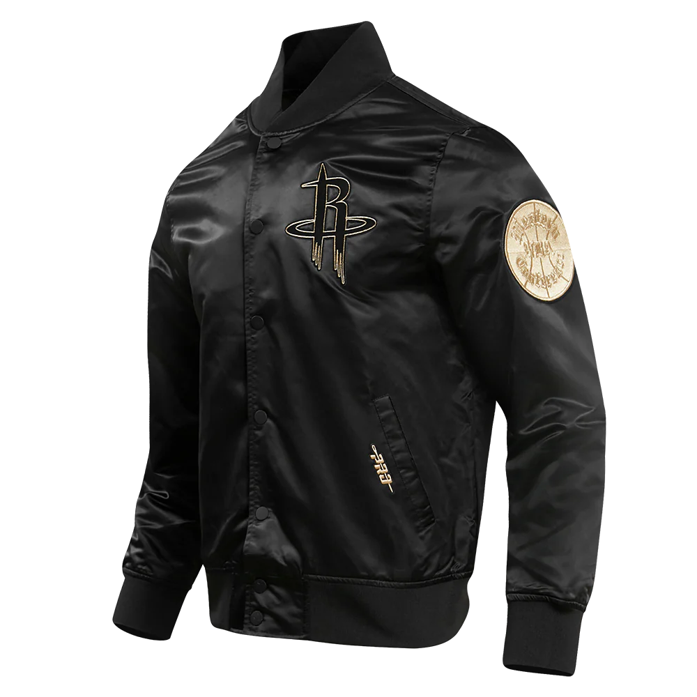 Houston rockets pro standard gold logo black satin varsity jacket 1