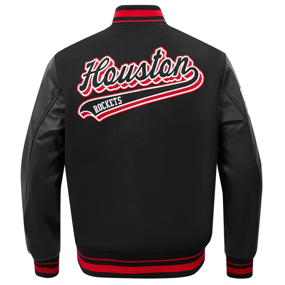 Houston rockets pro standard script tail black wool and leather varsity jacket 4