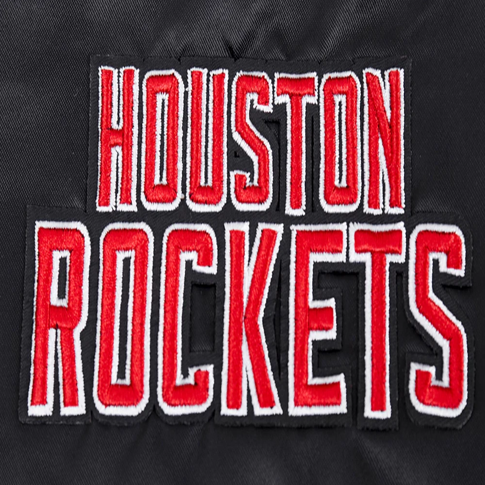Houston rockets script tail womens full snap satin varsity jacket black