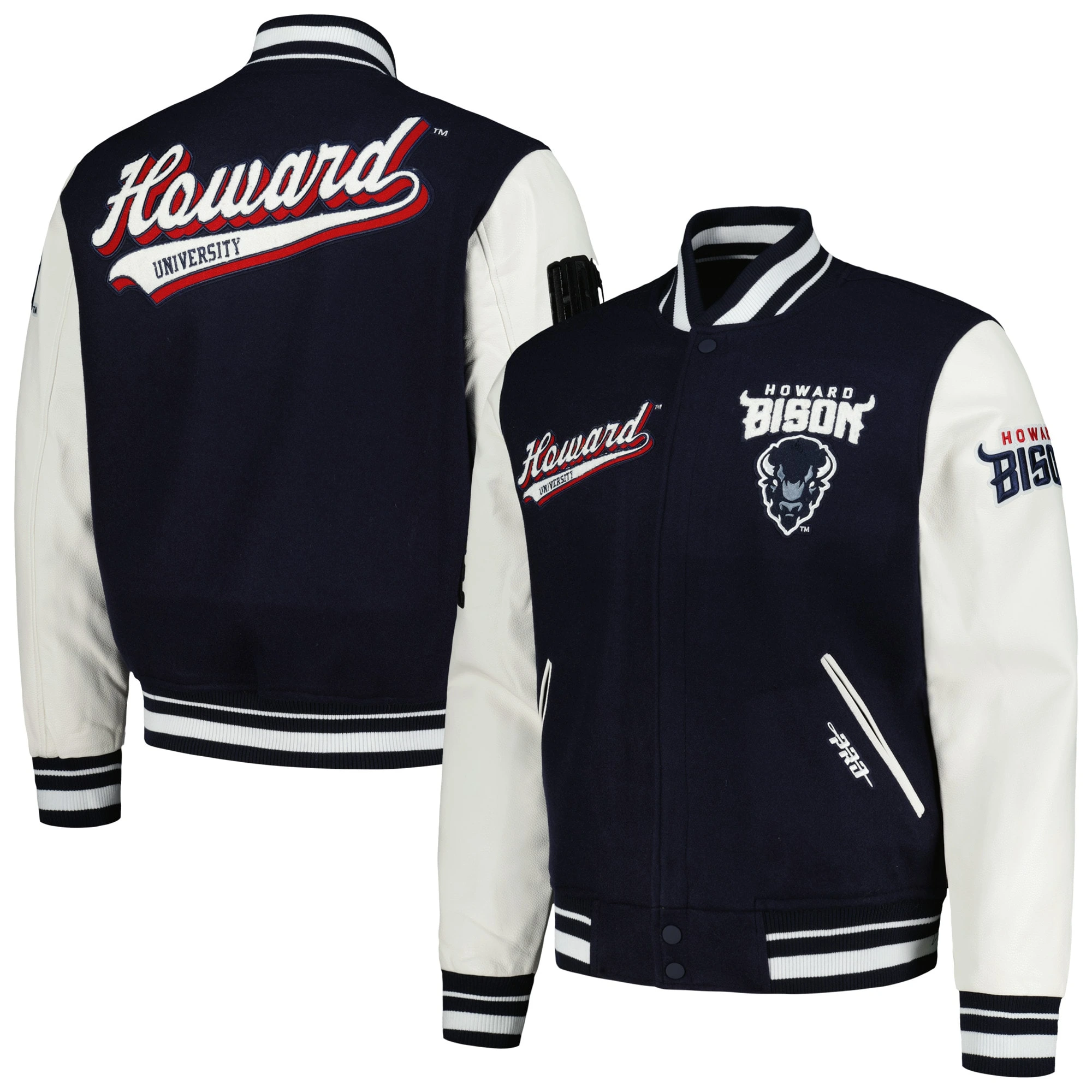 Howard bison script tail navy wool leather varsity jacket