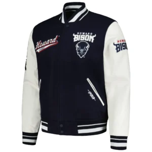 Howard bison script tail navywhite wool leather varsity jacket