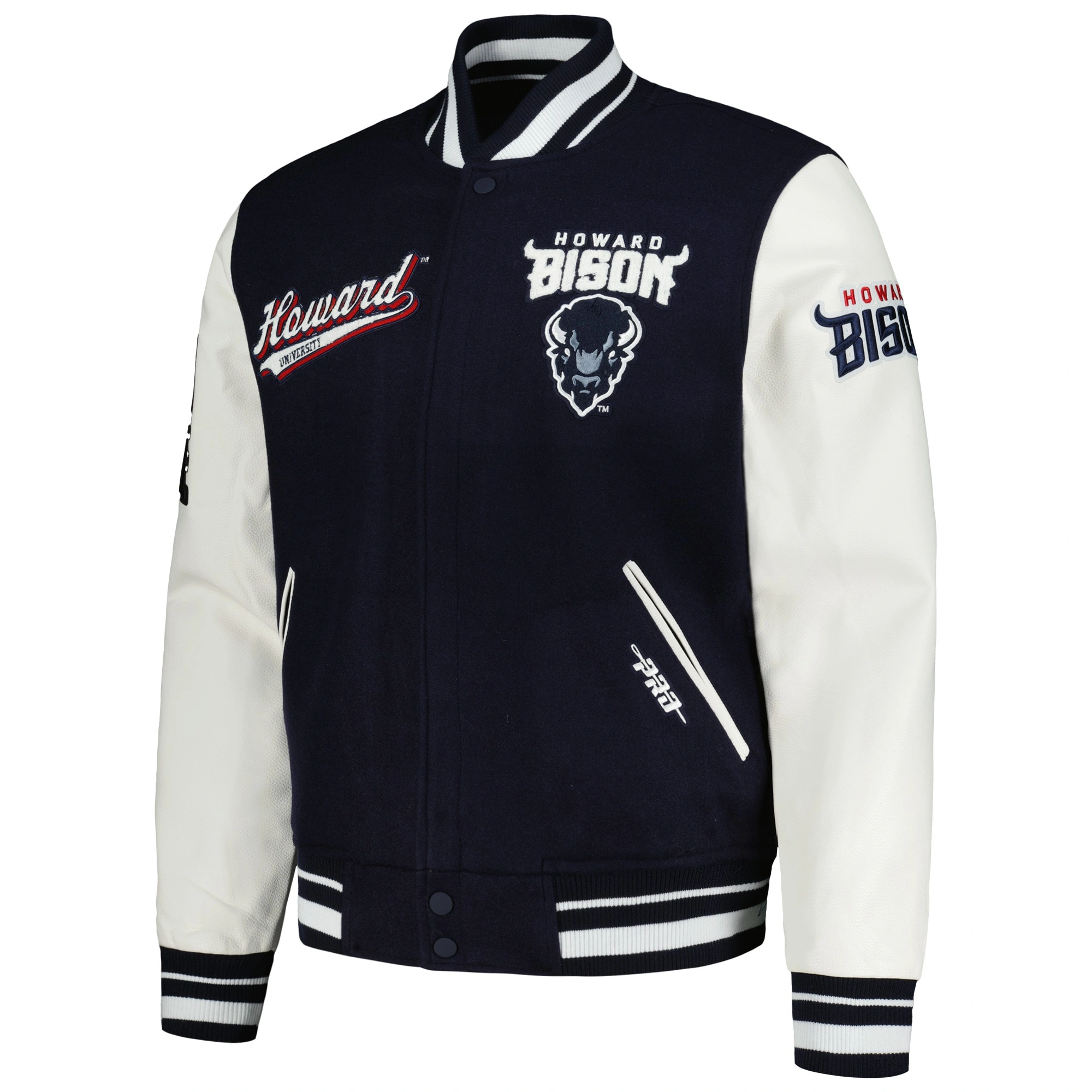 Howard bison script tail navywhite wool leather varsity jacket
