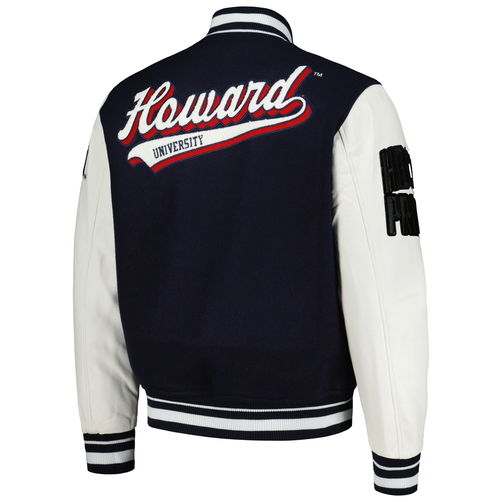 Howard bison script tail navywhite wool varsity jacket