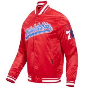 Imagephiladelphia 76ers script tail full snap satin varsity jacket red 4