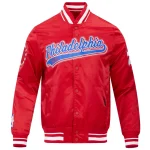 Philadelphia 76ers Script Tail Red Satin Jacket