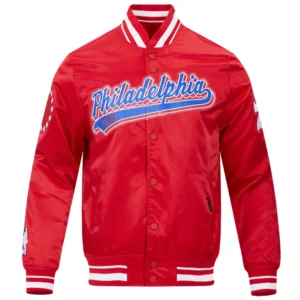 Imagephiladelphia 76ers script tail full snap satin varsity jacket red 5