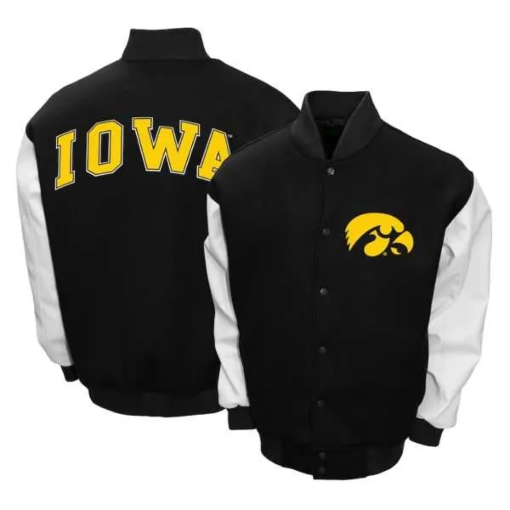 Iowa hawkeyes full snap wool leather black varsity jacket