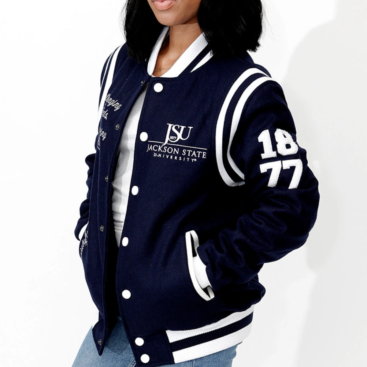 Jackson state tigers collegiate luxe bomber varsity navy jacket