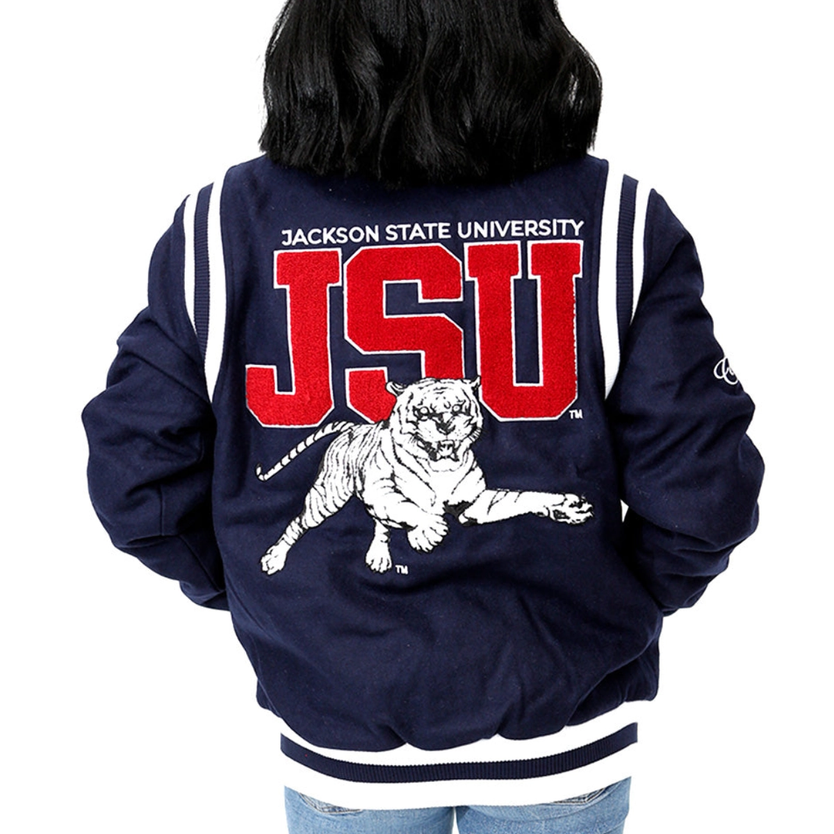 Jackson state tigers collegiate luxe wool bomber navy jacket