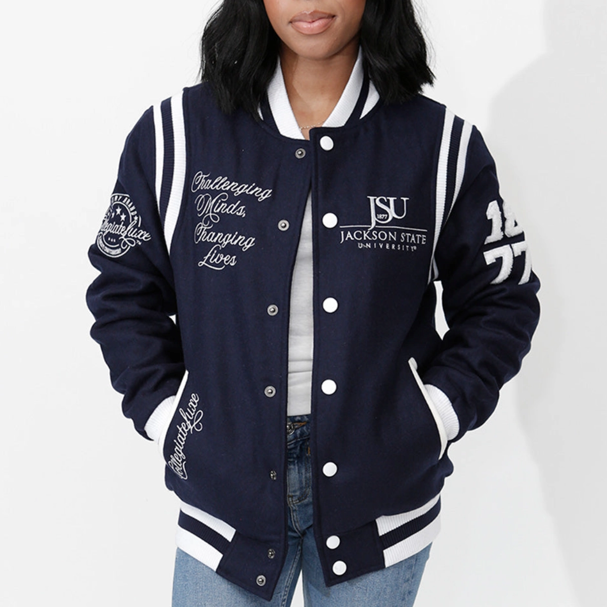 Jackson state tigers collegiate luxe wool bomber varsity navy jacket