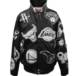 NBA Collage Multi Patch 50th Anniversary of Hip-hop Black Leather Jacket