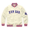 Kansas circus font full snap satin varsity jacket cream 1