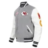 Kansas city chiefs pro standard script tail grey and white varsity jacket 1