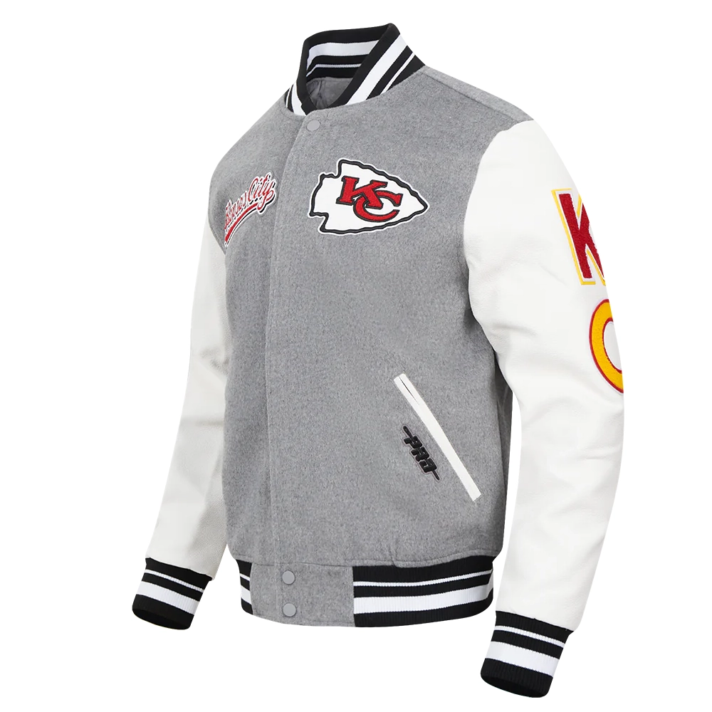 Kansas city chiefs pro standard script tail grey and white varsity jacket 1