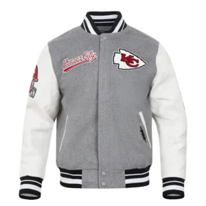 Kansas city chiefs pro standard script tail grey and white varsity jacket 2