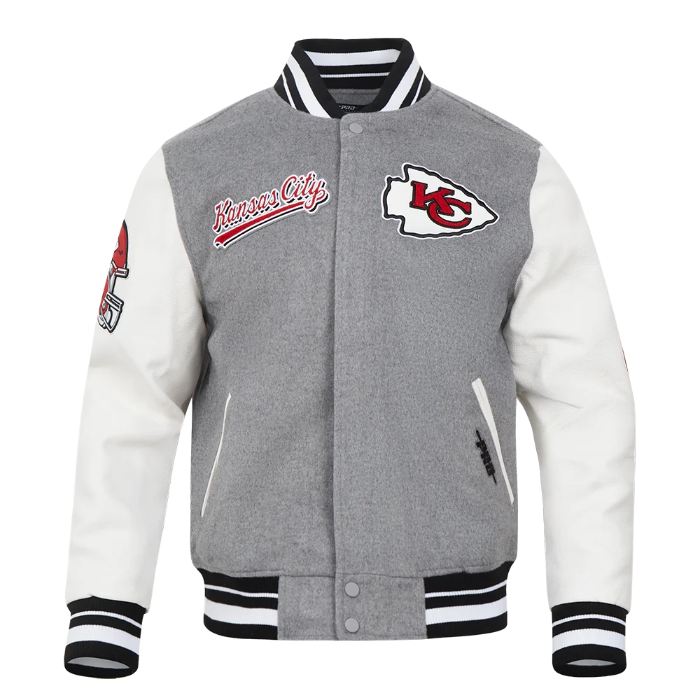 Kansas city chiefs pro standard script tail grey and white varsity jacket 2
