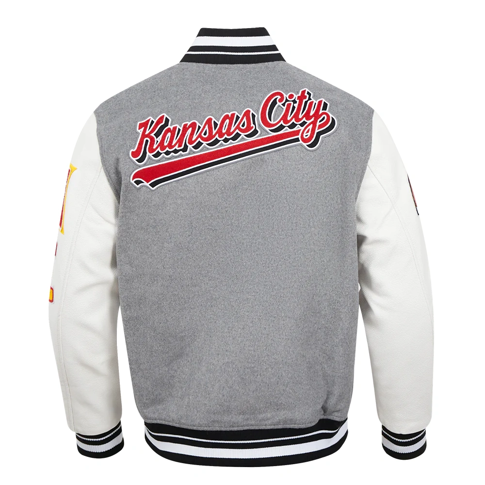 Kansas city chiefs pro standard script tail grey and white varsity jacket 4