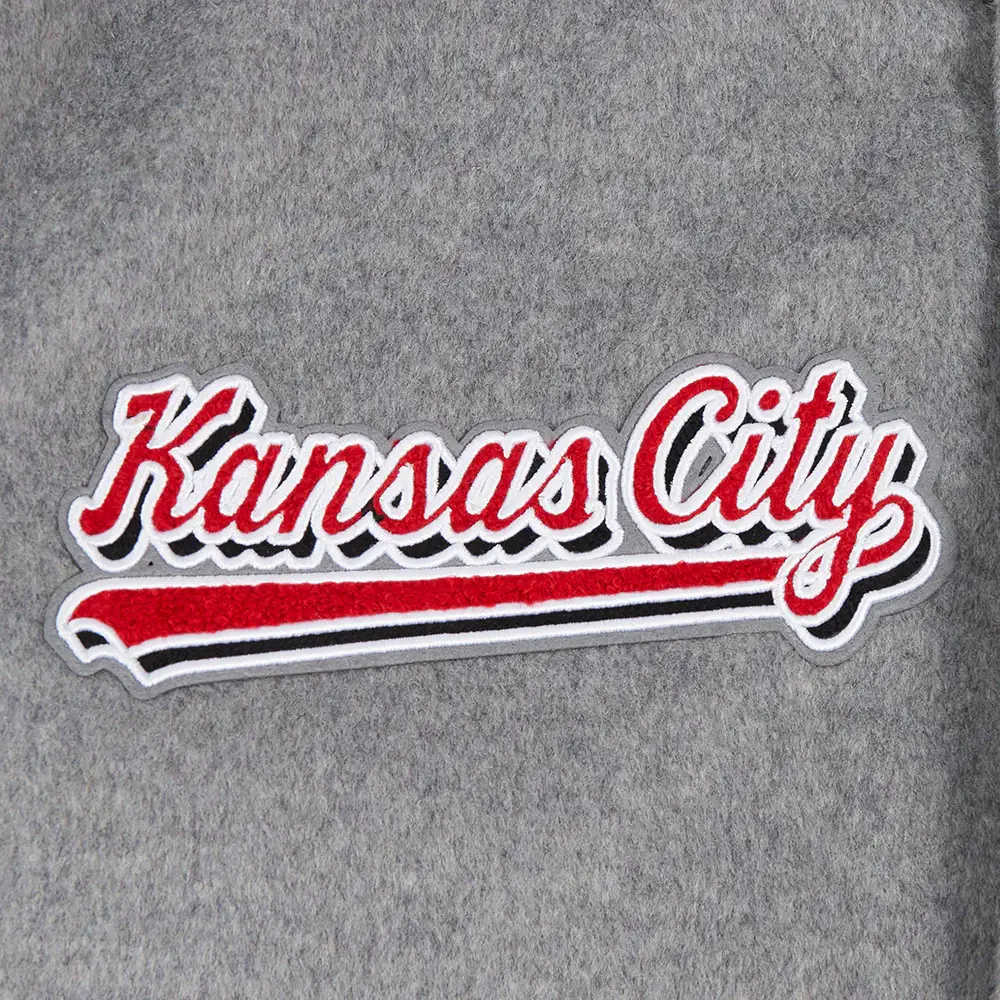 Kansas city chiefs pro standard script tail grey and white varsity jacket 5