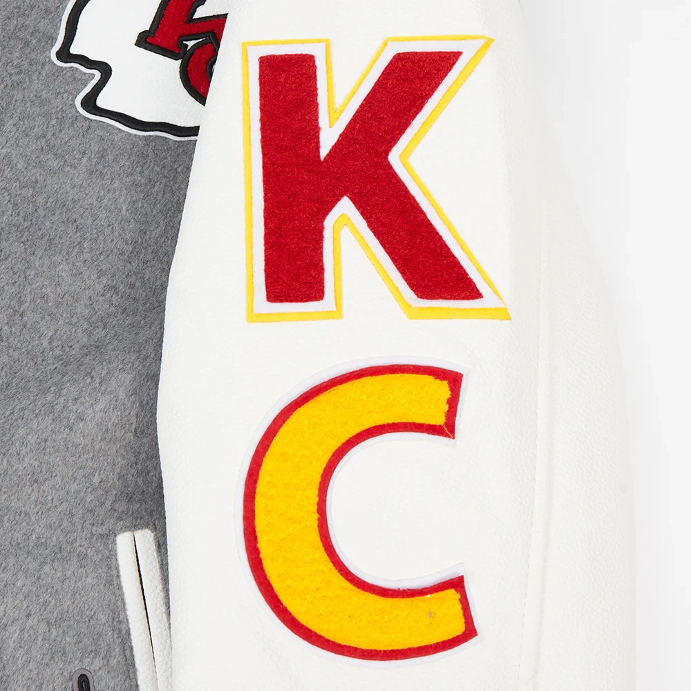 Kansas city chiefs pro standard script tail grey and white varsity jacket 8
