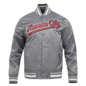 Kansas city chiefs pro standard script tail grey satin varsity jacket 2