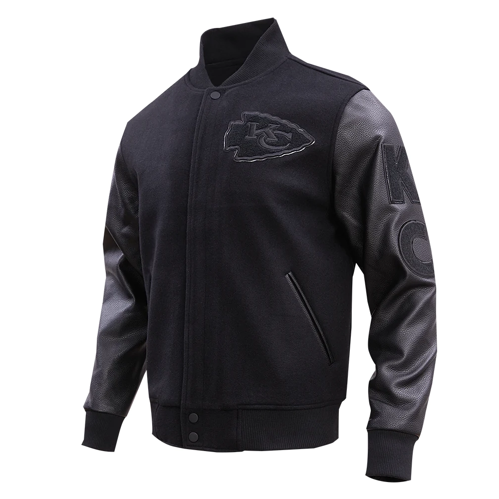 Kansas city chiefs pro standard triple black wool and leather varsity jacket 1