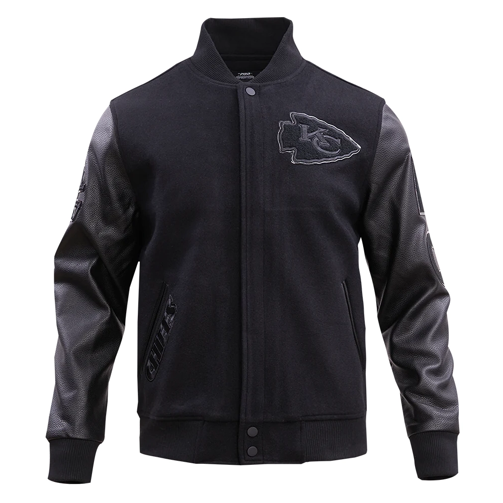 Kansas city chiefs pro standard triple black wool and leather varsity jacket 2