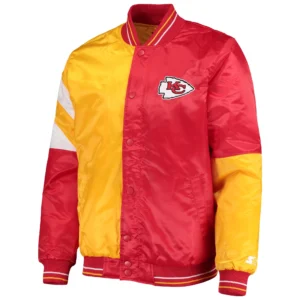 Kansas city chiefs starter leader red and yellow satin varsity jacket 1
