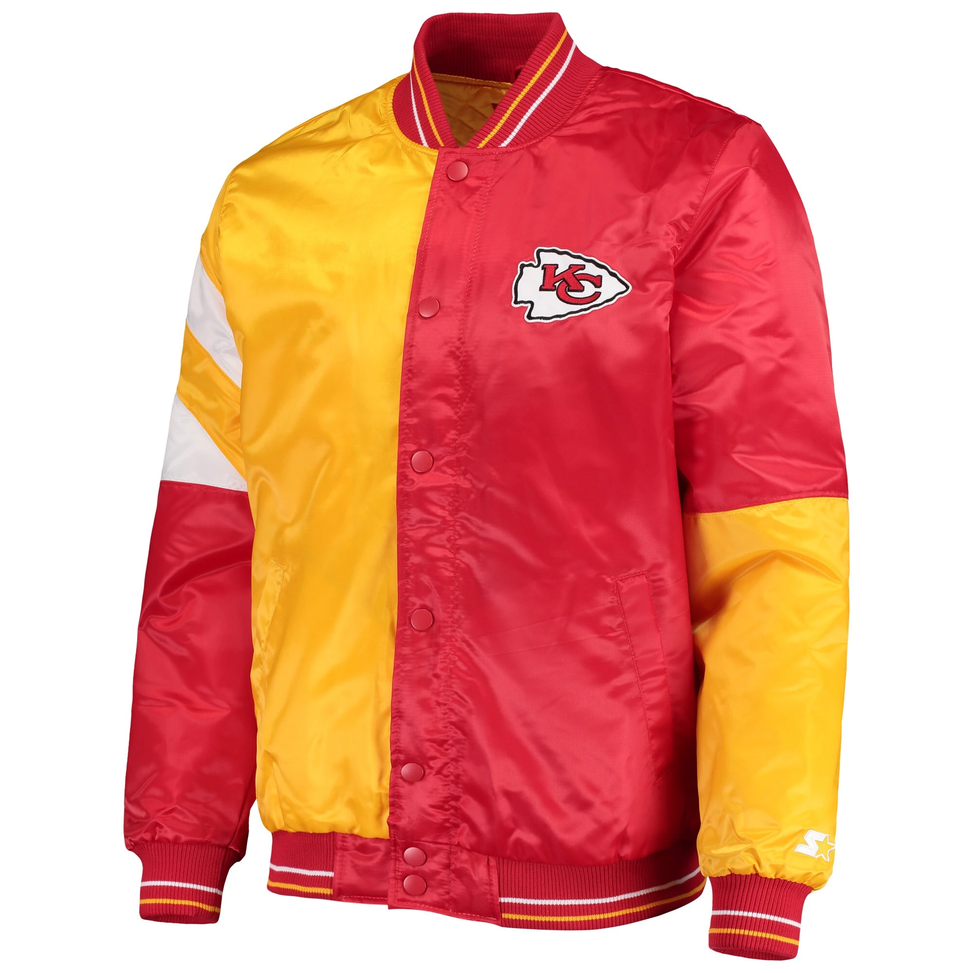 Kansas city chiefs starter leader red and yellow satin varsity jacket 1