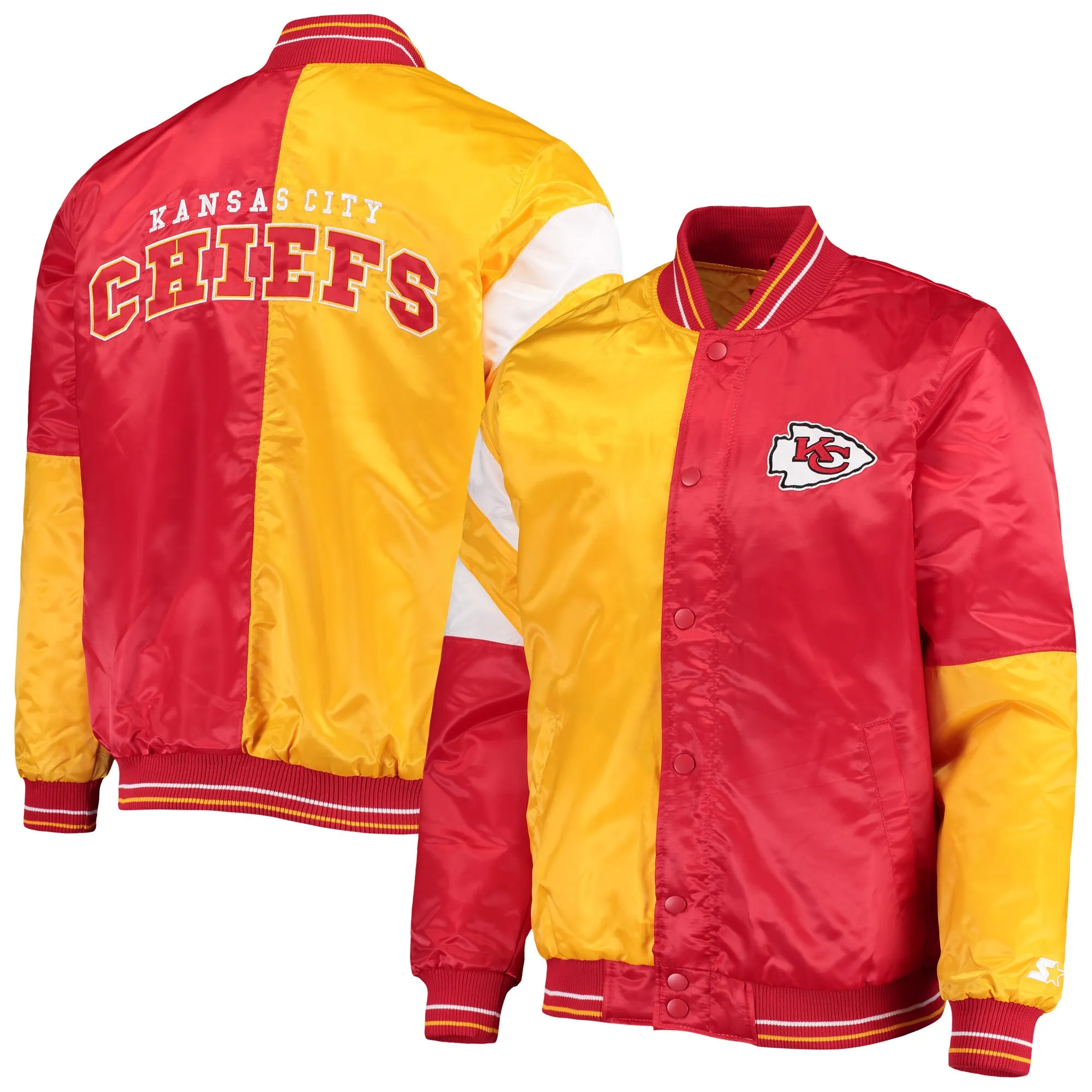 Kansas city chiefs starter leader red and yellow satin varsity jacket 4