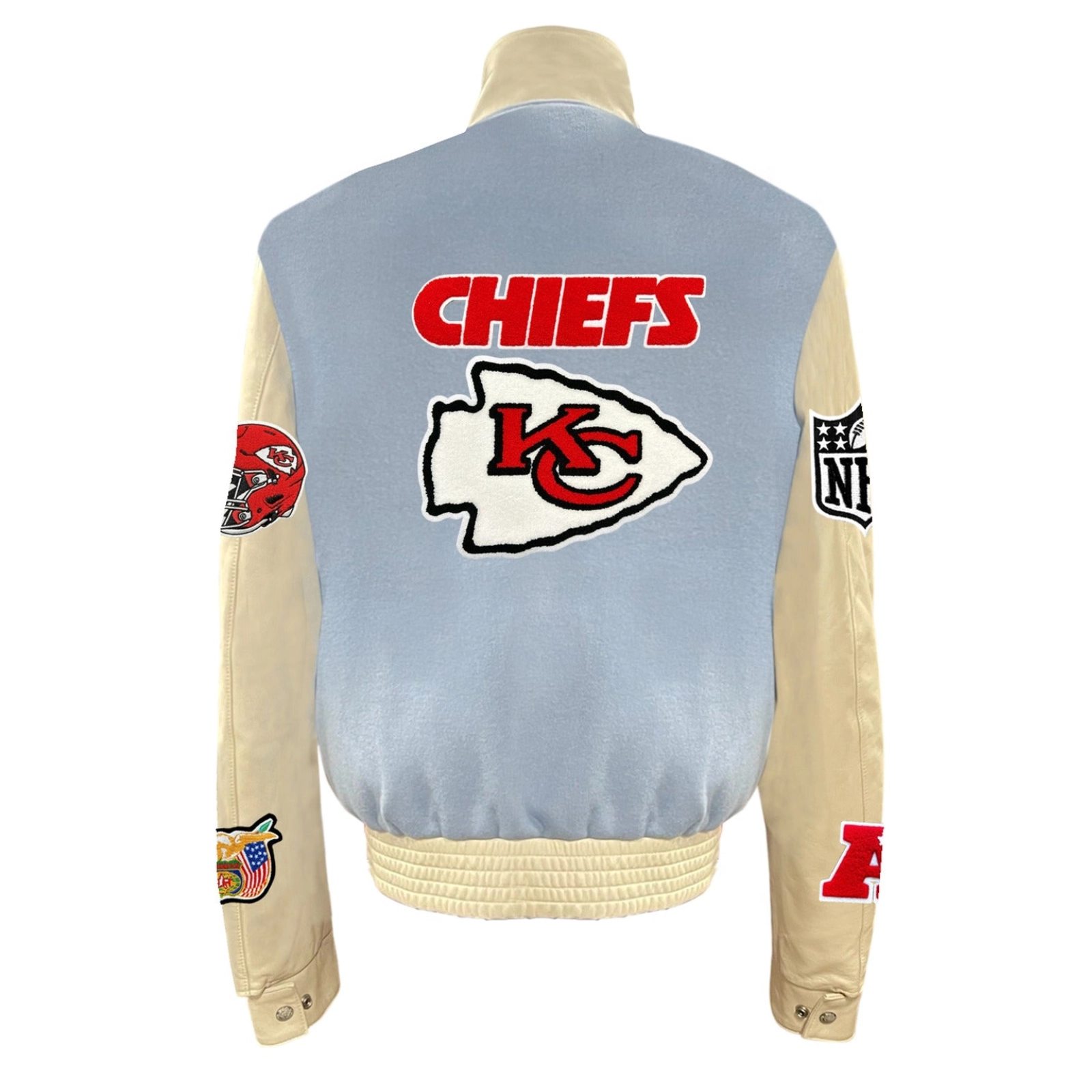Kansas city chiefs wool leather varsity jacket blue cream 1