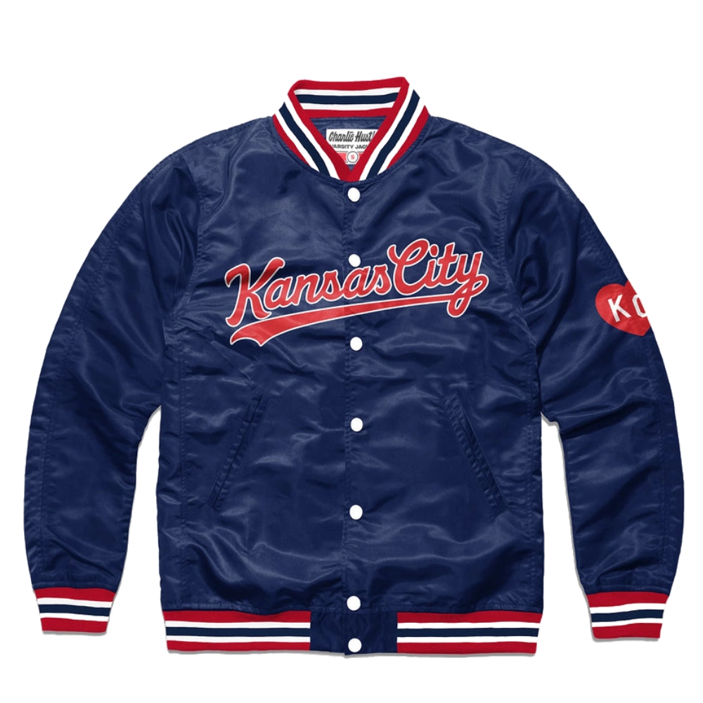 Kansas city classic ribbed knitted satin varsity jacket navy 1