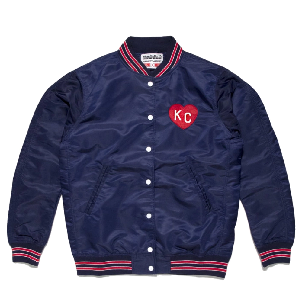 Kansas city heart full snap satin varsity jacket navy 1