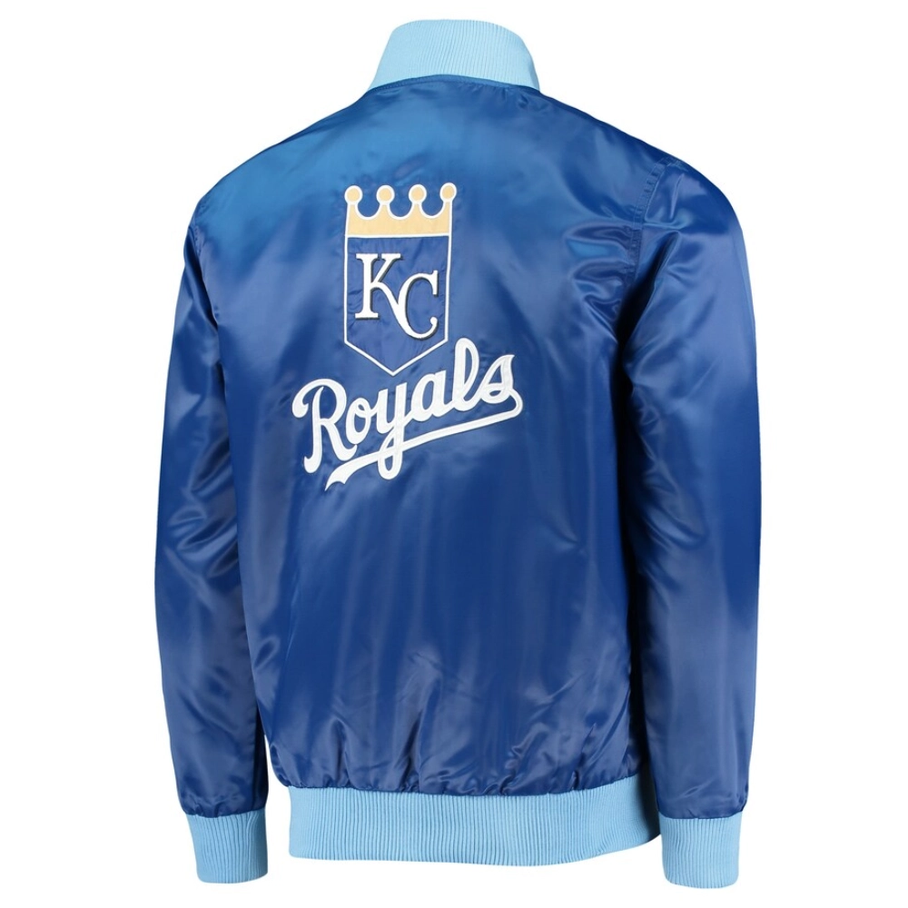 Kansas city royals the ambassador full snap satin varsity jacket blue 1