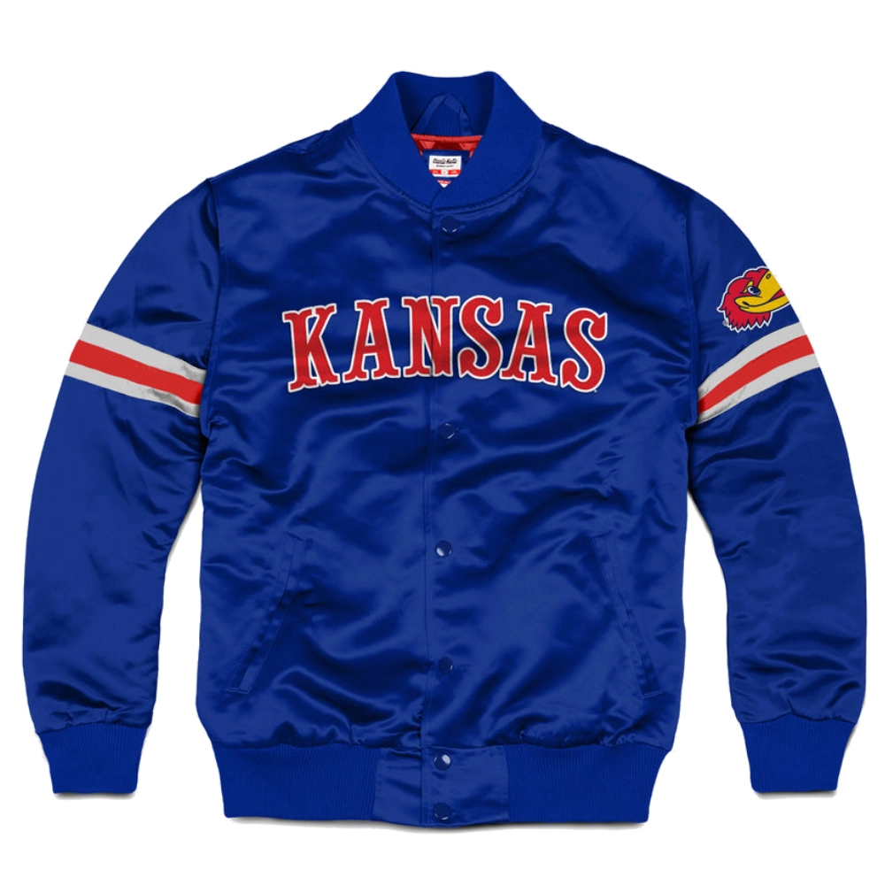 Kansas jayhawks full snap bomber varsity jacket blue 1