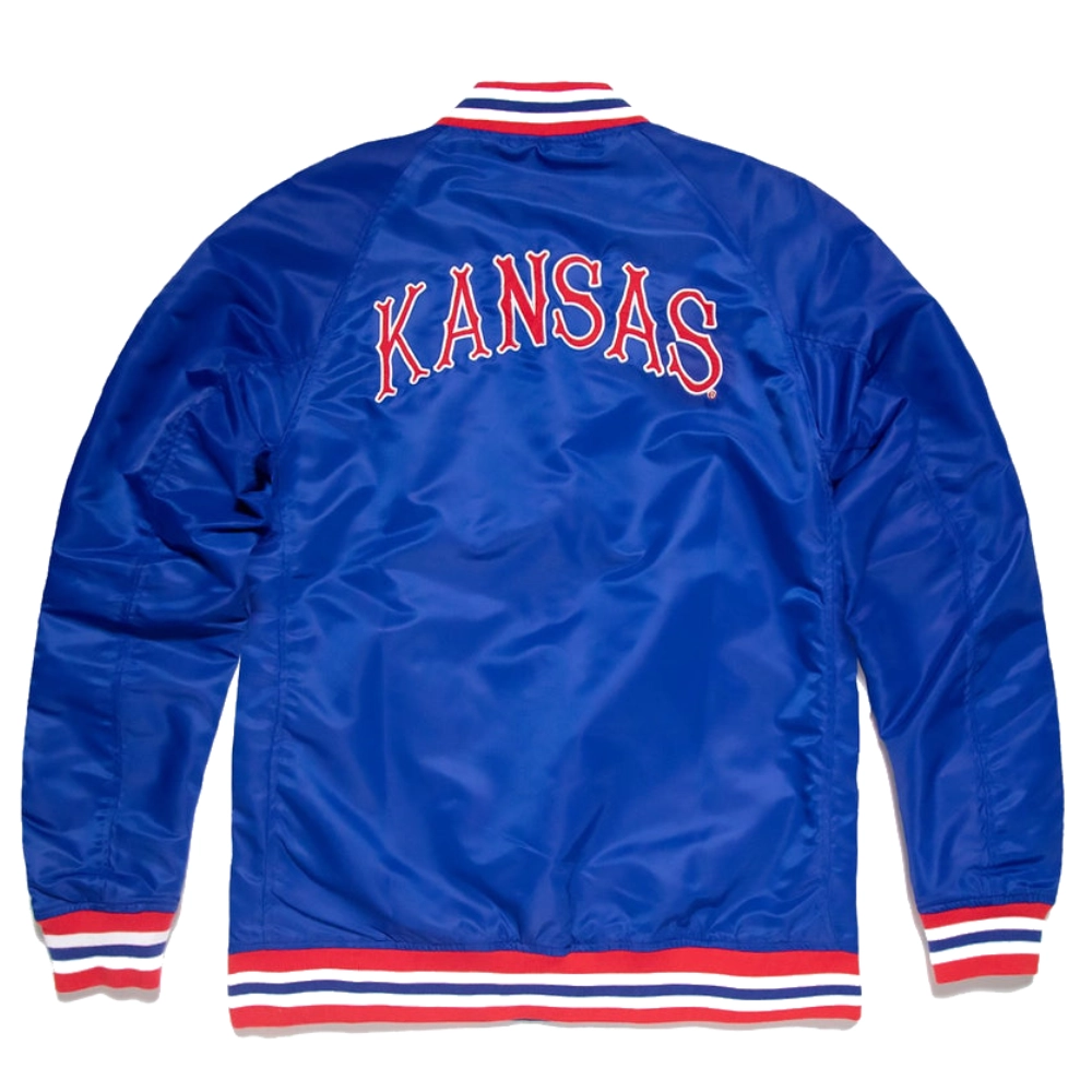 Kansas jayhawks full snap satin varsity jacket blue 1 1