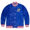 Kansas jayhawks full snap satin varsity jacket blue 1