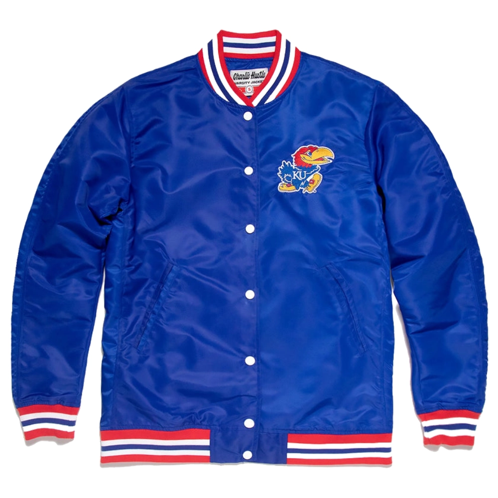 Kansas jayhawks full snap satin varsity jacket blue 1
