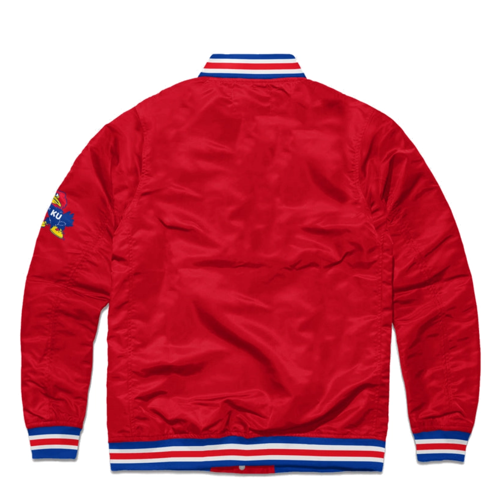 Kansas jayhawks script full snap satin varsity jacket red 1 1