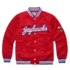 Kansas jayhawks script full snap satin varsity jacket red 1