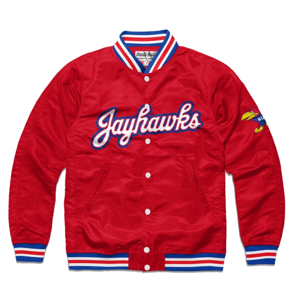 Kansas jayhawks script full snap satin varsity jacket red 1