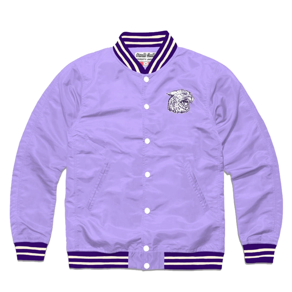 Kansas state lavender full snap satin varsity jacket 1