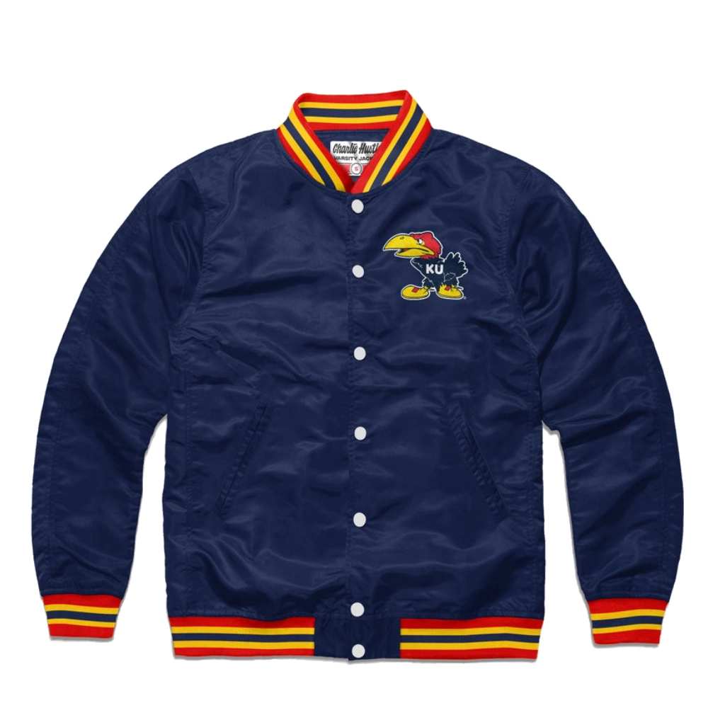 Kansas warhawk full snap satin varsity jacket navy 1