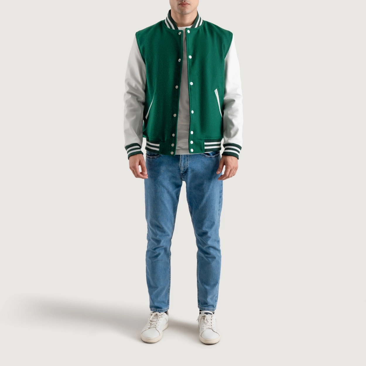 Kelly green and white varsity letterman jacket