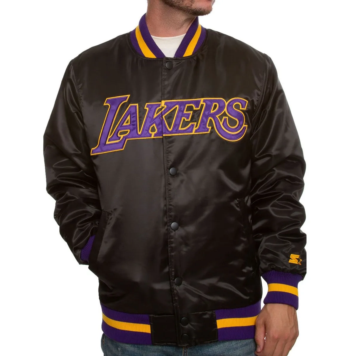 La lakers black satin bomber jacket